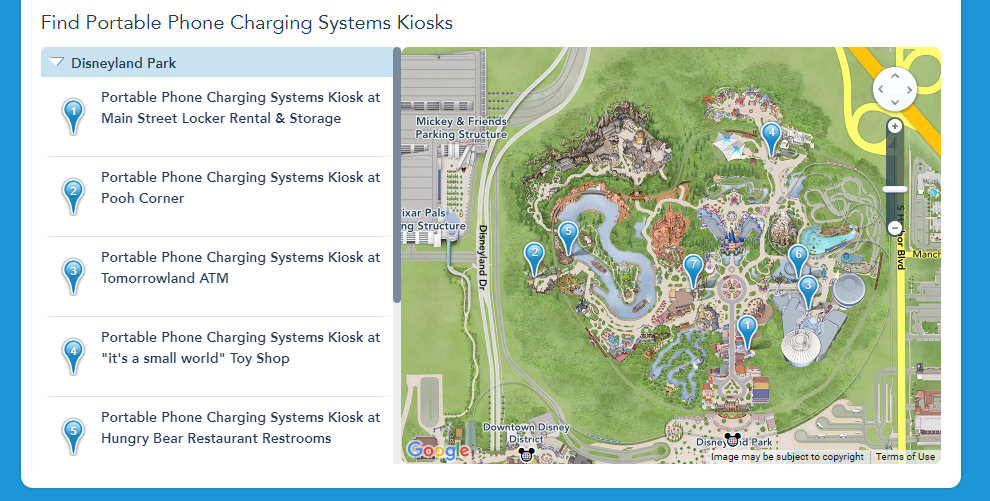A map of Disneyland with several points of interested marked, showing where FuelRod swap kiosks were located