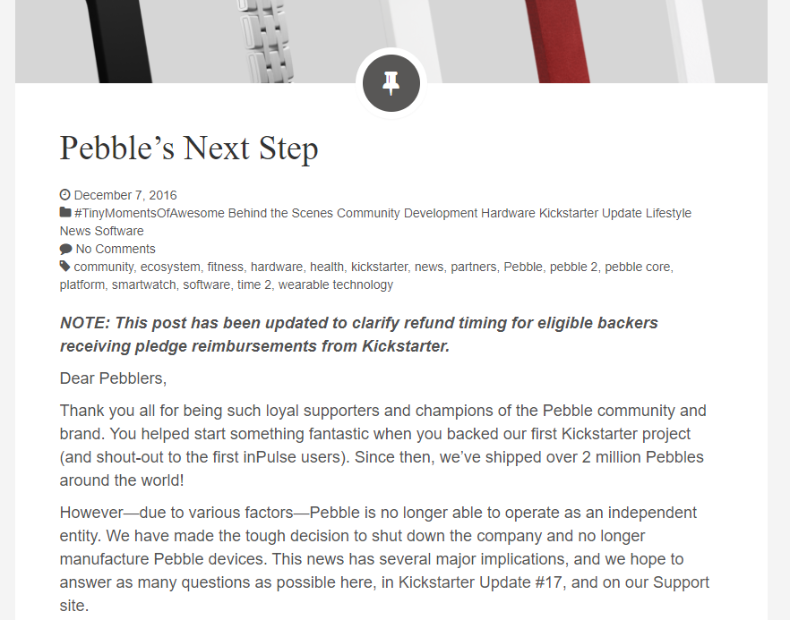 A screenshot of the blog post depicting the death of pebble.