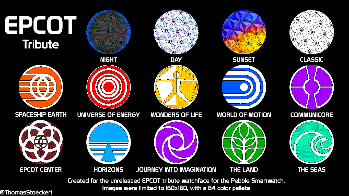 A display of all of the art I made for the Epcot Tribute watchface
