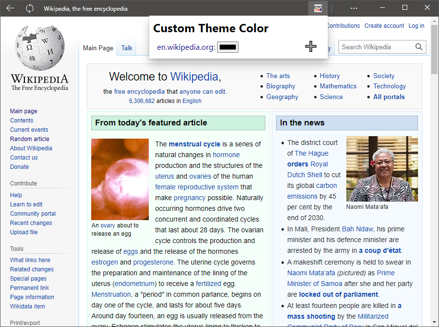 A screenshot of wikipedia installed as an app, now with a pop-up listing a color input option, wikipedia's hostname, and a 