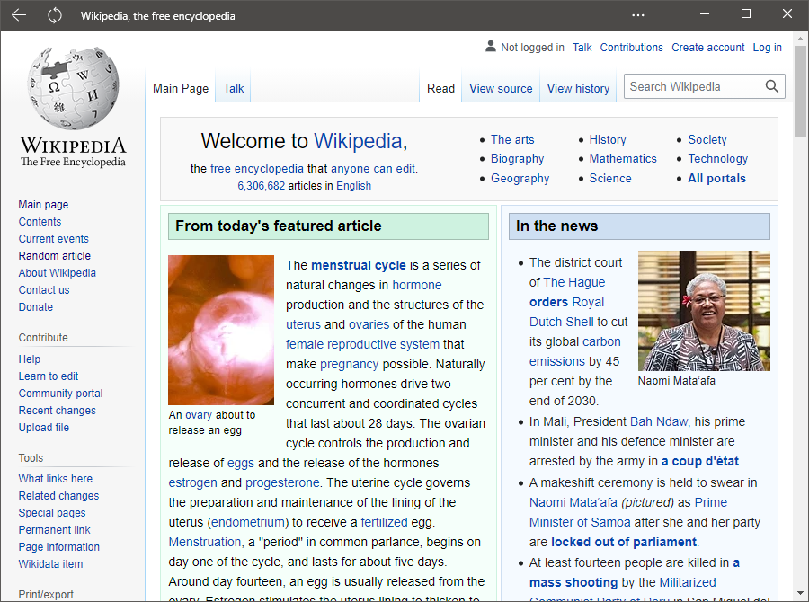 A screenshot of Wikipedia installed as an app, with a grey titlebar