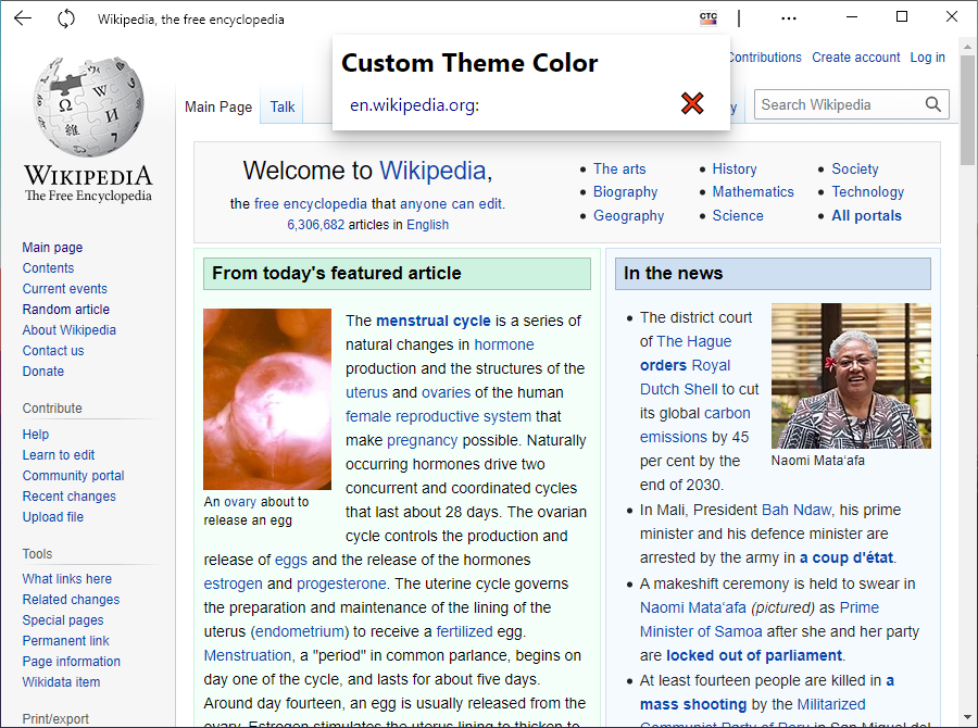 A screenshot of wikipedia installed as an app, but now with a white titlebar.