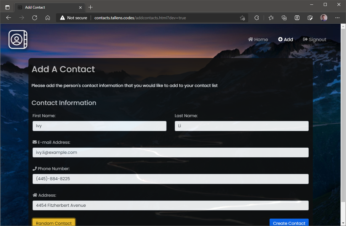 The developer version of the add contacts page