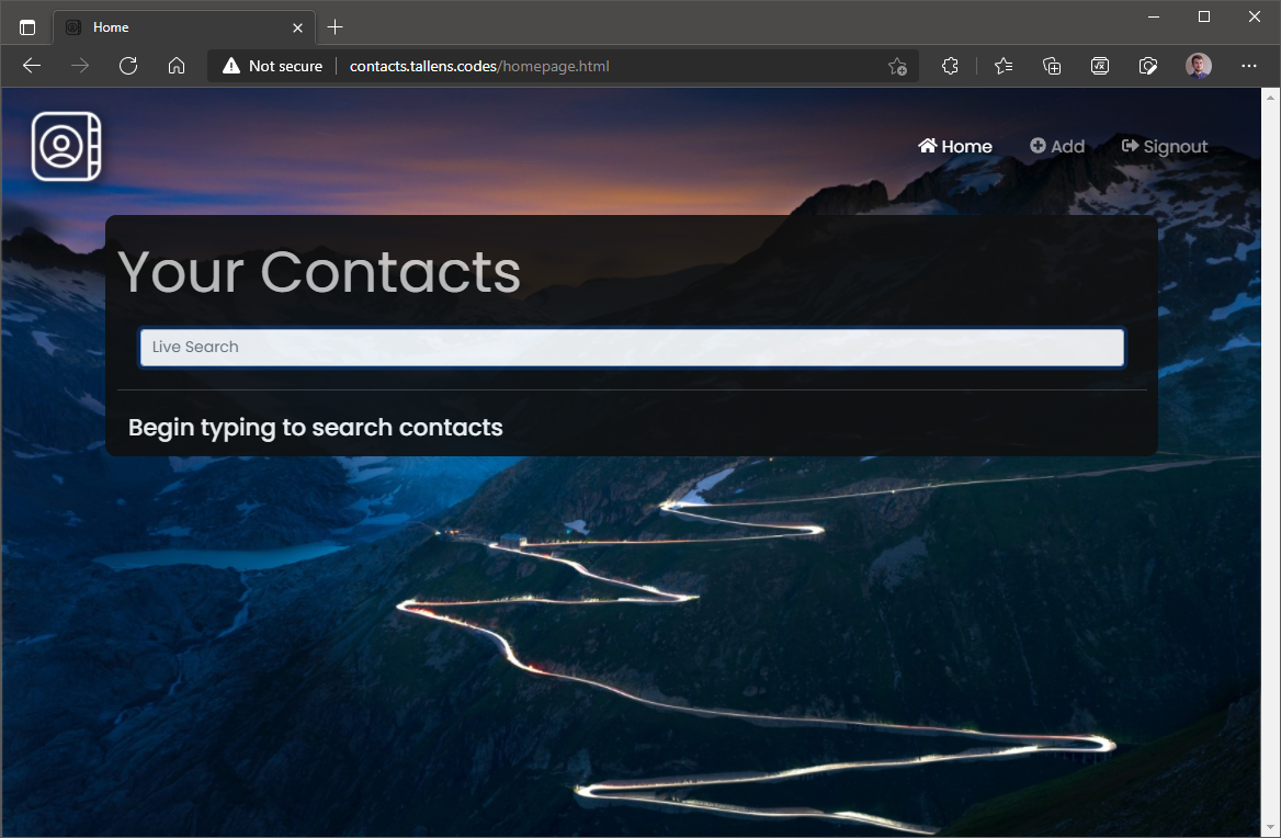 A blank homepage of the application
