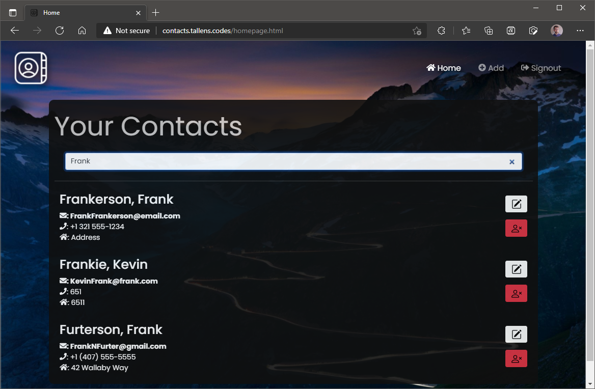 The home page with some results