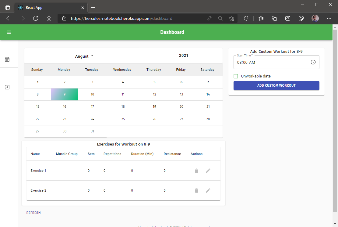 The dashboard page for Project 1