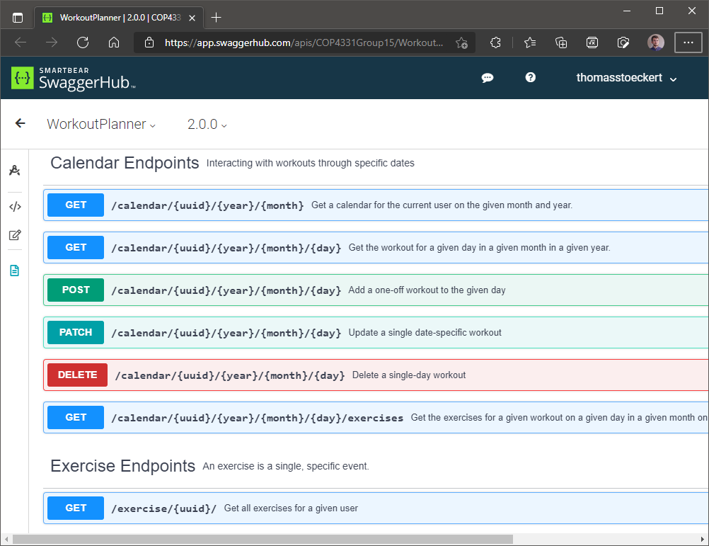 A preview of the swaggerHub page for the second project